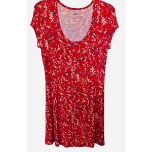 SO CAP SLV PULL- OVER SCOOP NECK MIDI FIT & FLARE DRESS, WOMENS, XXL, RED-FLORAL